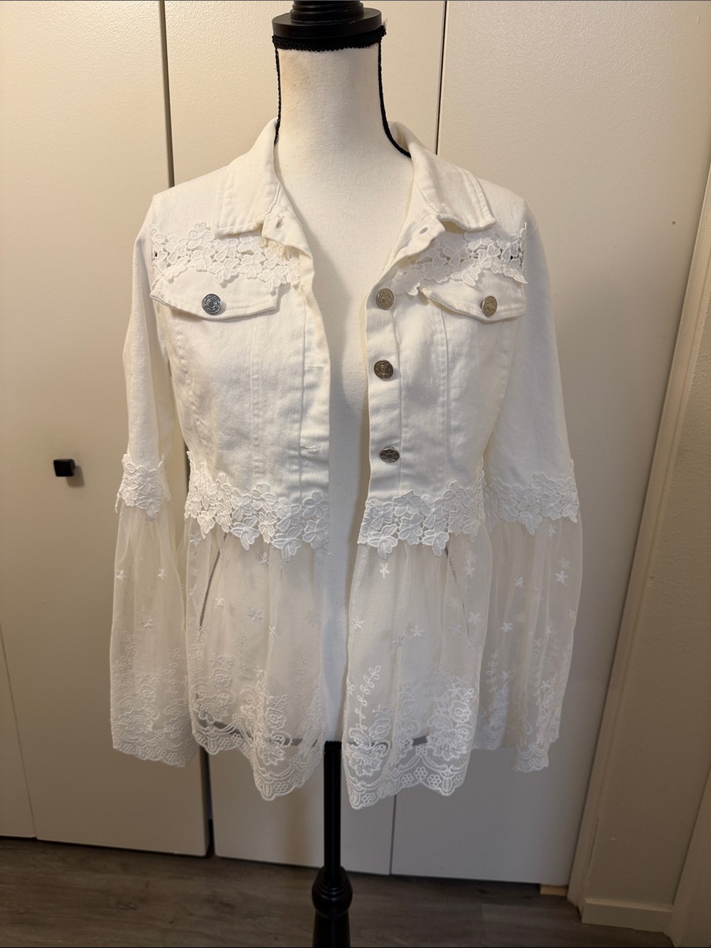 White Lace-Trim Denim Jacket for Women